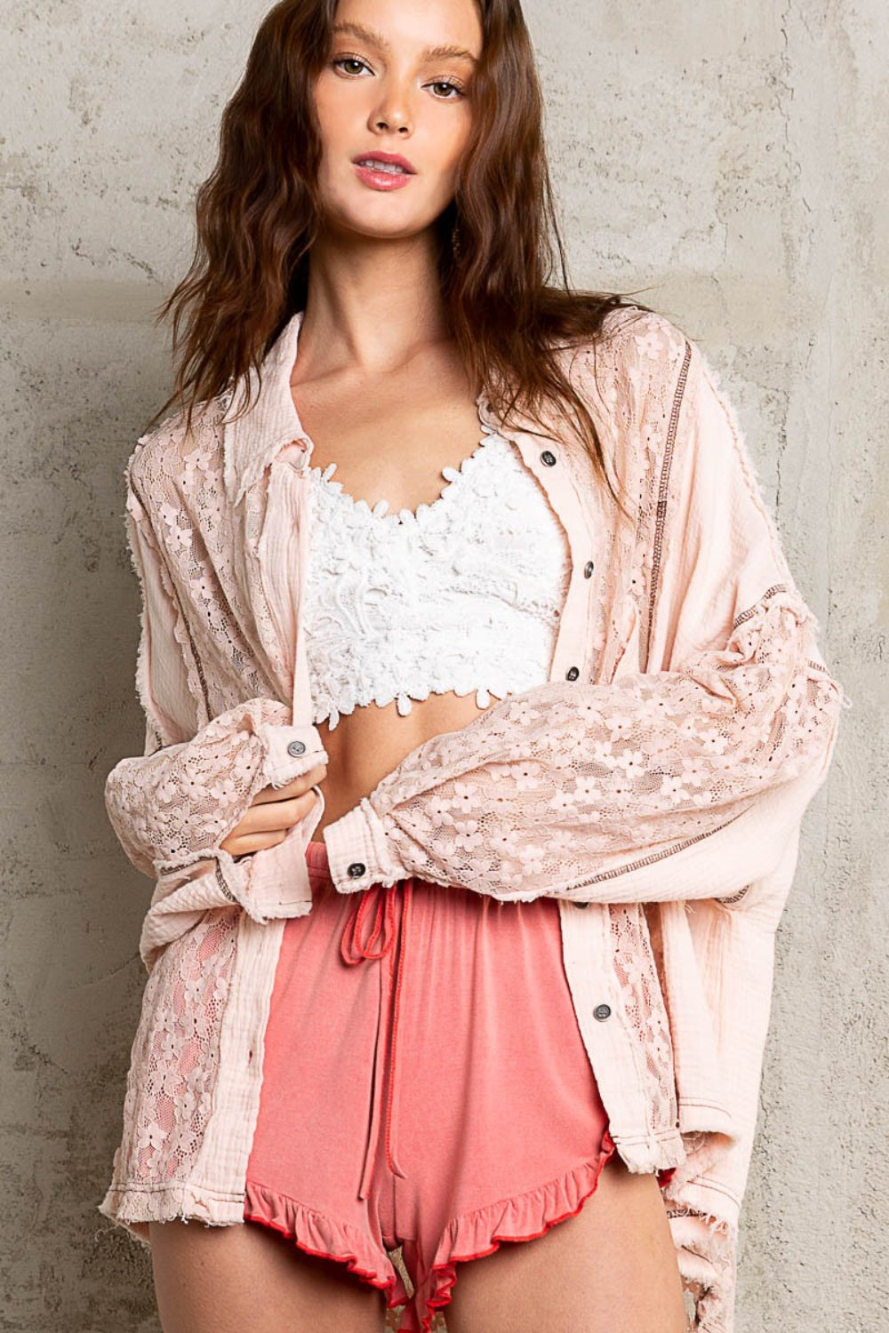 Oversize Lace Button-Down Shirt