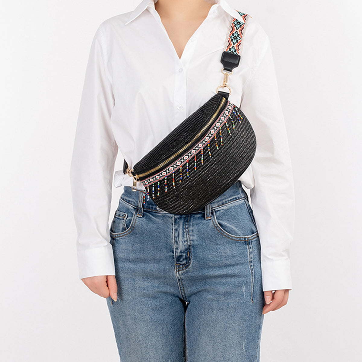 Bead Trim Straw Weave Crossbody Bag