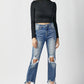 RISEN High Waist Distressed Frayed Hem Cropped Straight Jeans