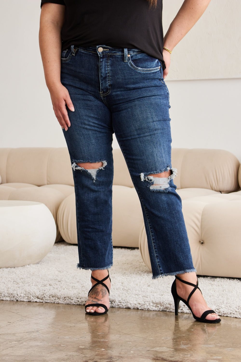 Crop Tummy Control Distressed High Waist Raw Hem Jeans