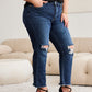 Crop Tummy Control Distressed High Waist Raw Hem Jeans