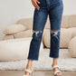 Crop Tummy Control Distressed High Waist Raw Hem Jeans