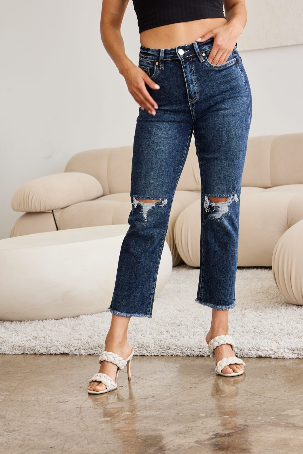 Crop Tummy Control Distressed High Waist Raw Hem Jeans