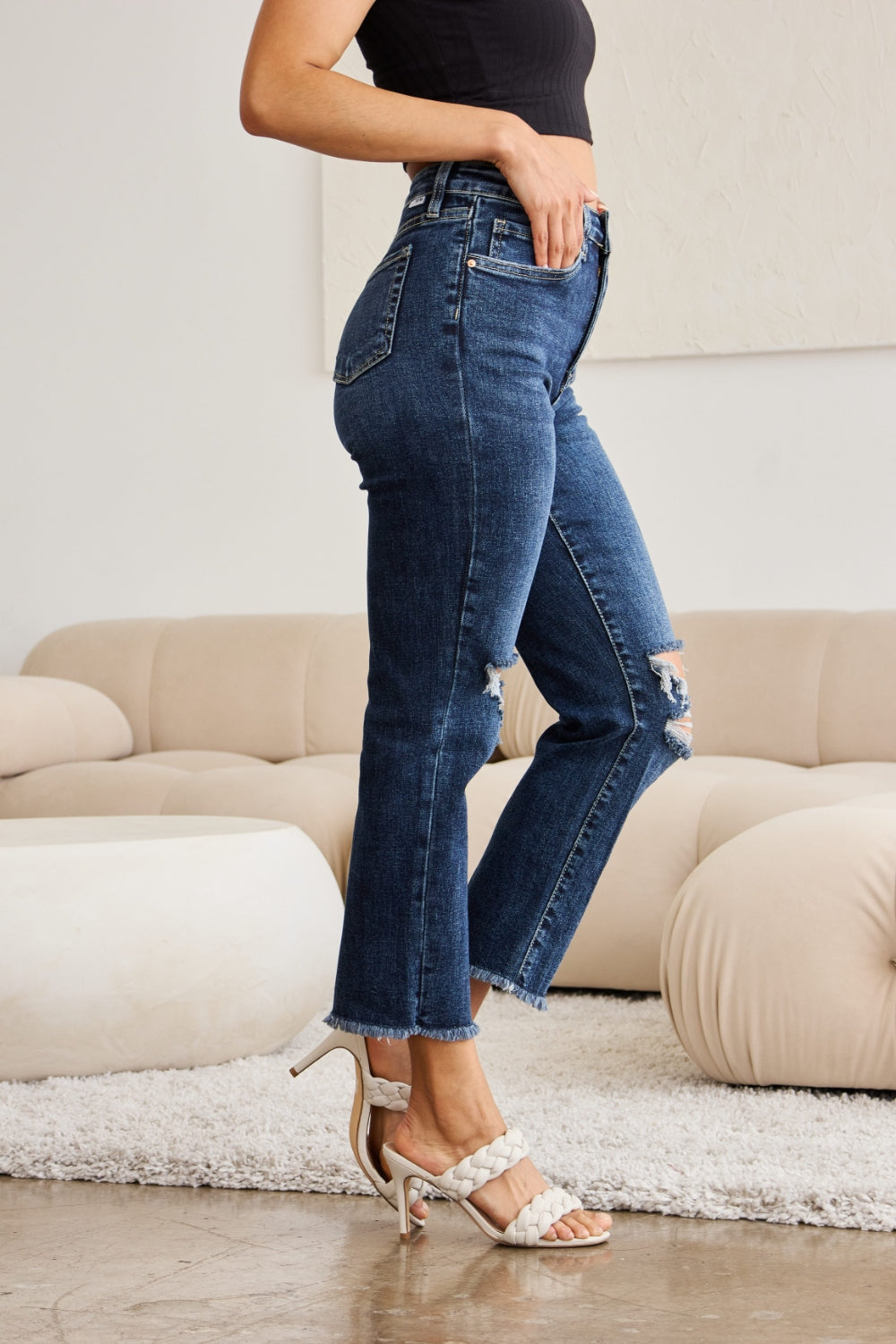 Crop Tummy Control Distressed High Waist Raw Hem Jeans