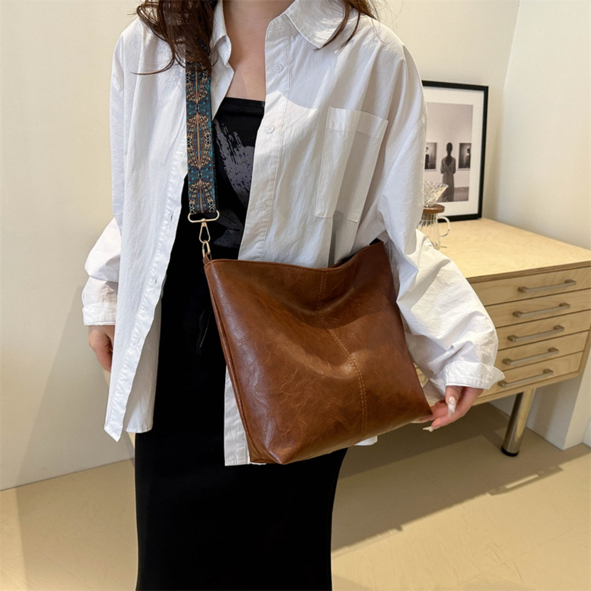 Faux Leather Adjustable Strap Shoulder Bag