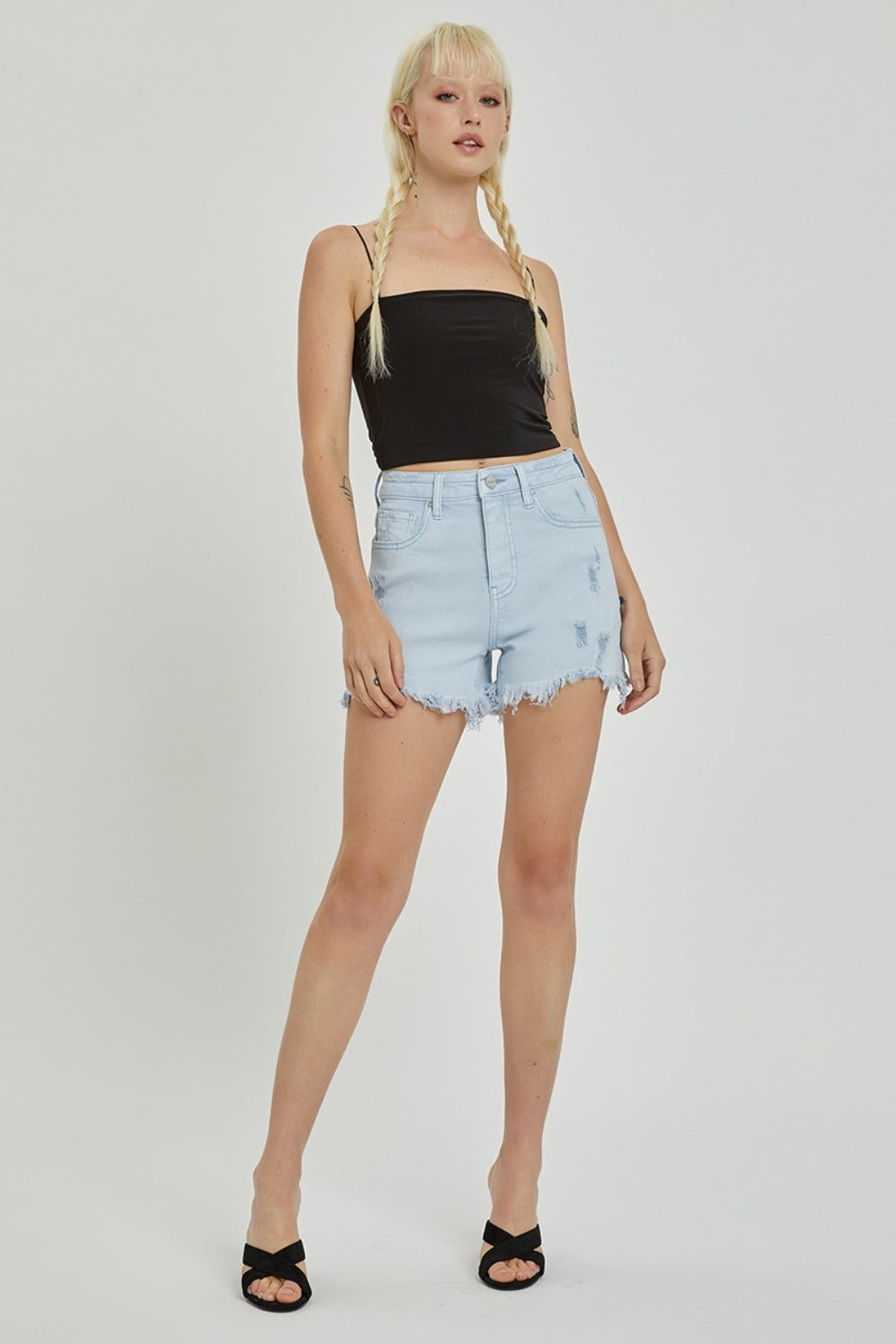 High Rise Distressed Detail Denim Shorts