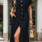 Slit Drawstring Button Up Short Sleeve Midi Dress