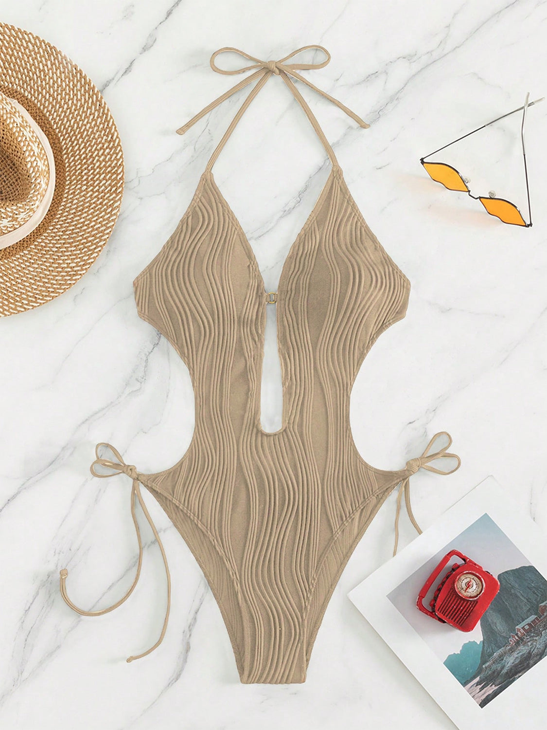 Textured Cutout Tied One-Piece Swimwear