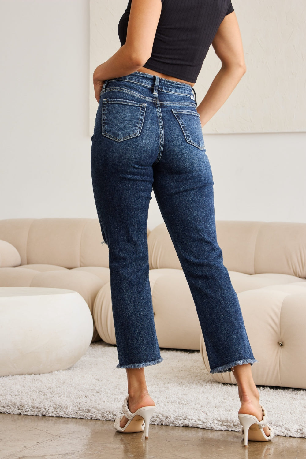 Crop Tummy Control Distressed High Waist Raw Hem Jeans