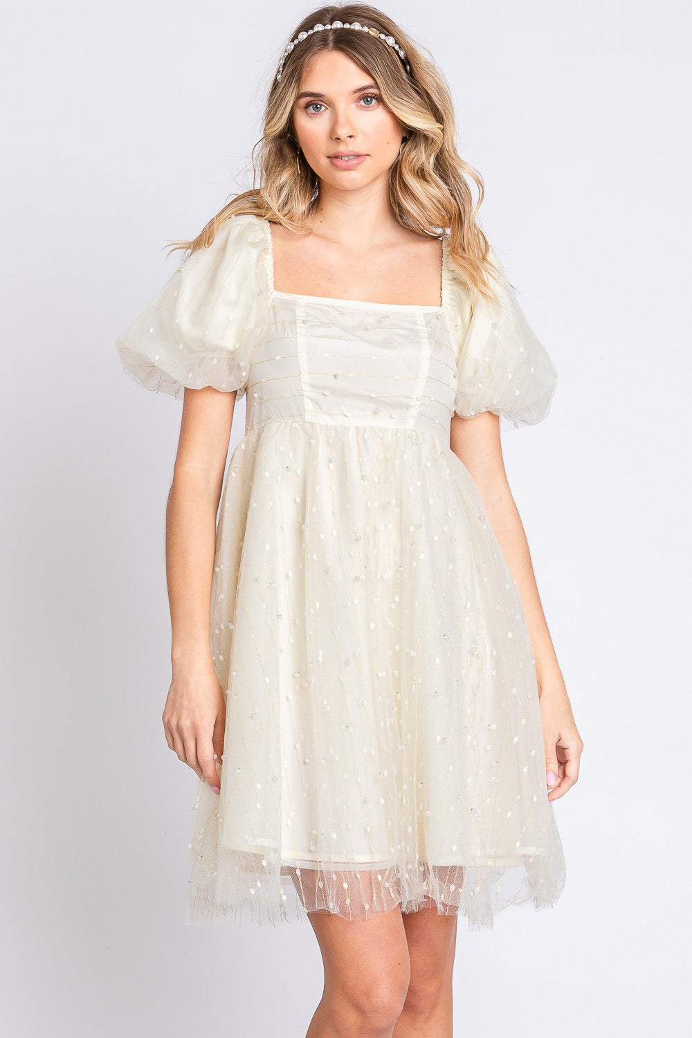 Pearl Mesh Puff Sleeve Babydoll Dress