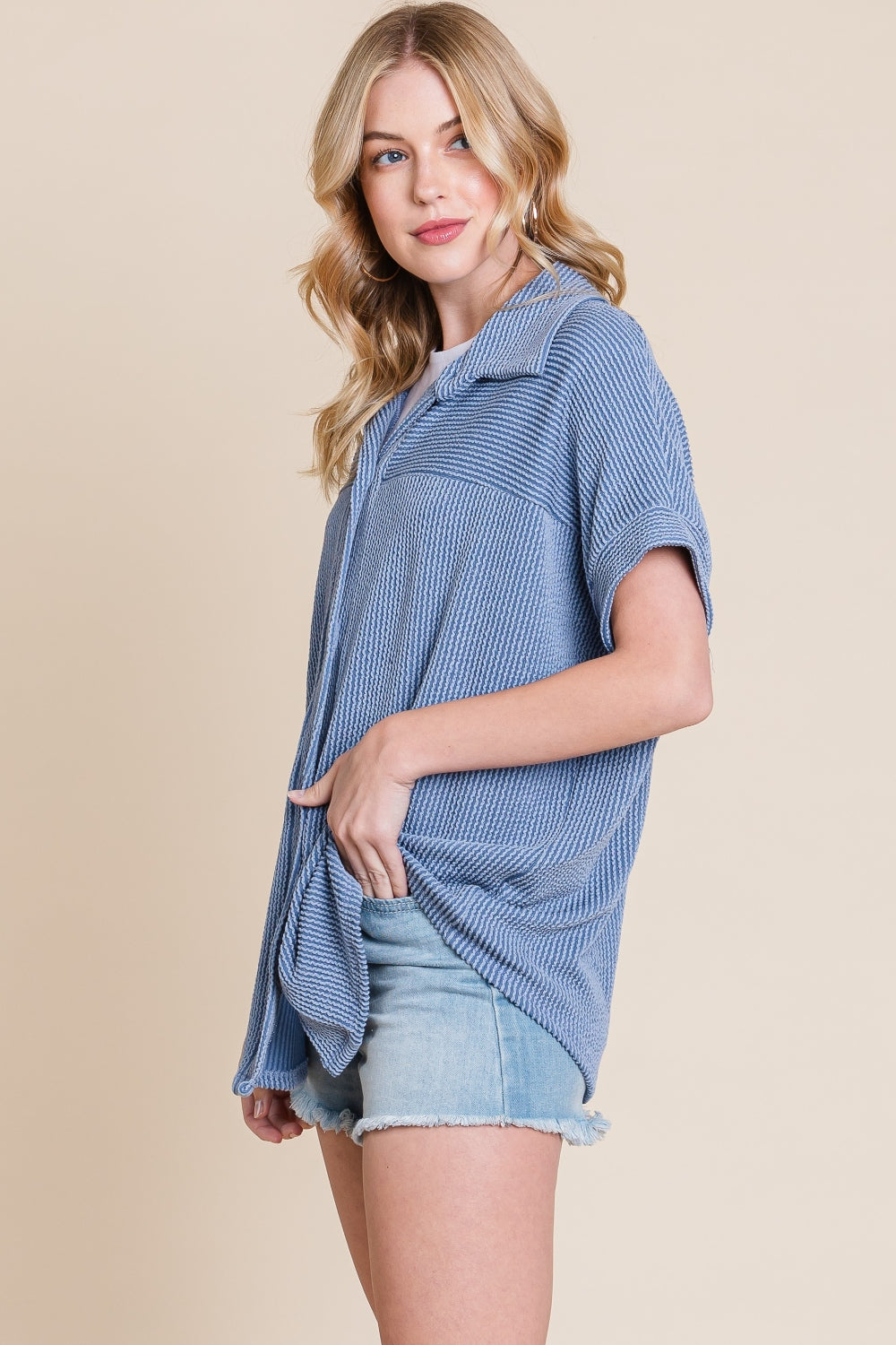 Button Up Short Sleeves Ribbed Shirt