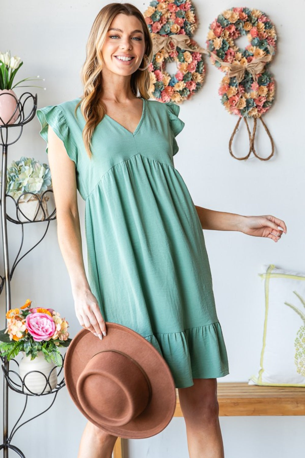 Short Sleeve V Neck Ruffled Hem Dress