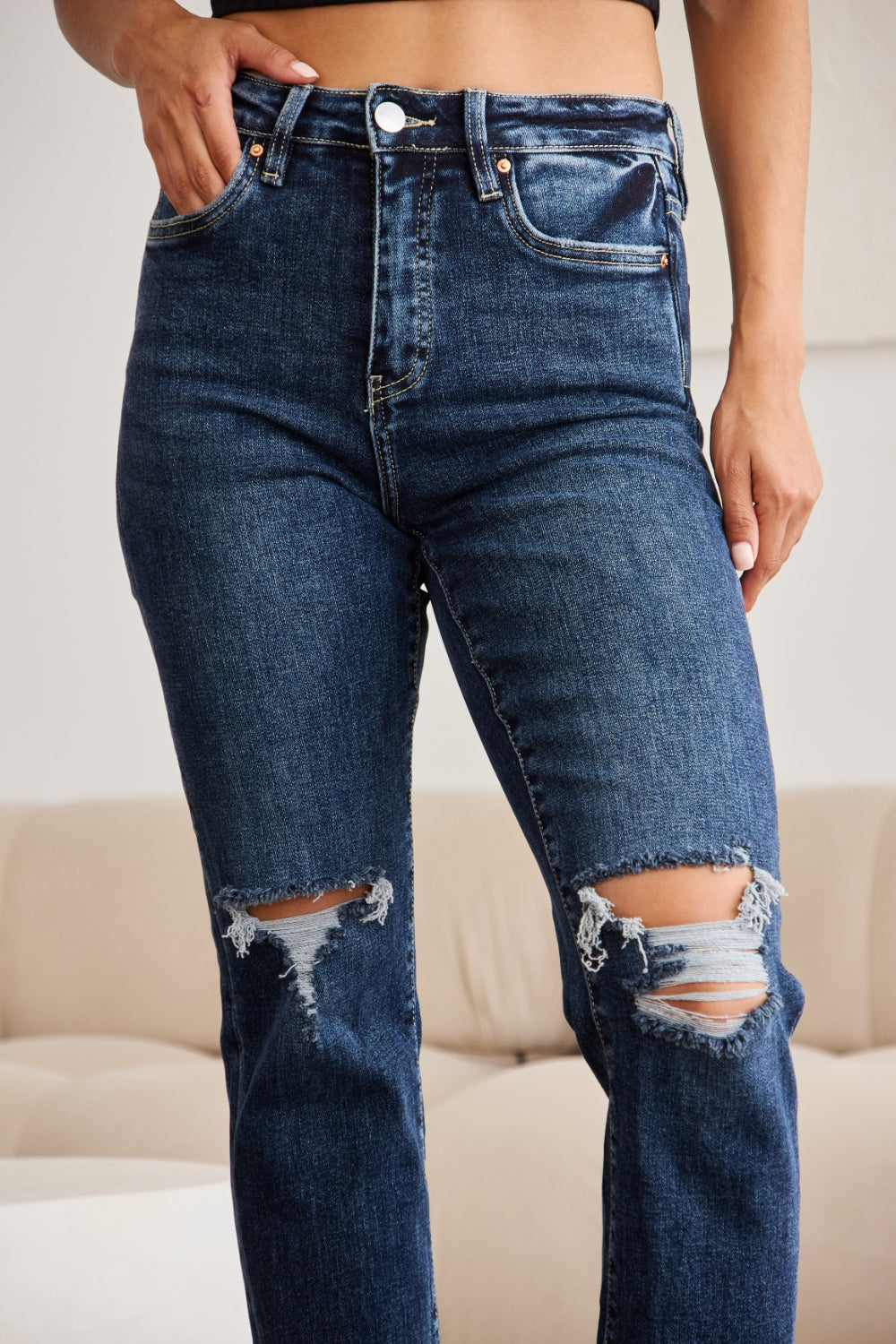 Crop Tummy Control Distressed High Waist Raw Hem Jeans