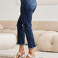 Crop Tummy Control Distressed High Waist Raw Hem Jeans