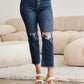 Crop Tummy Control Distressed High Waist Raw Hem Jeans