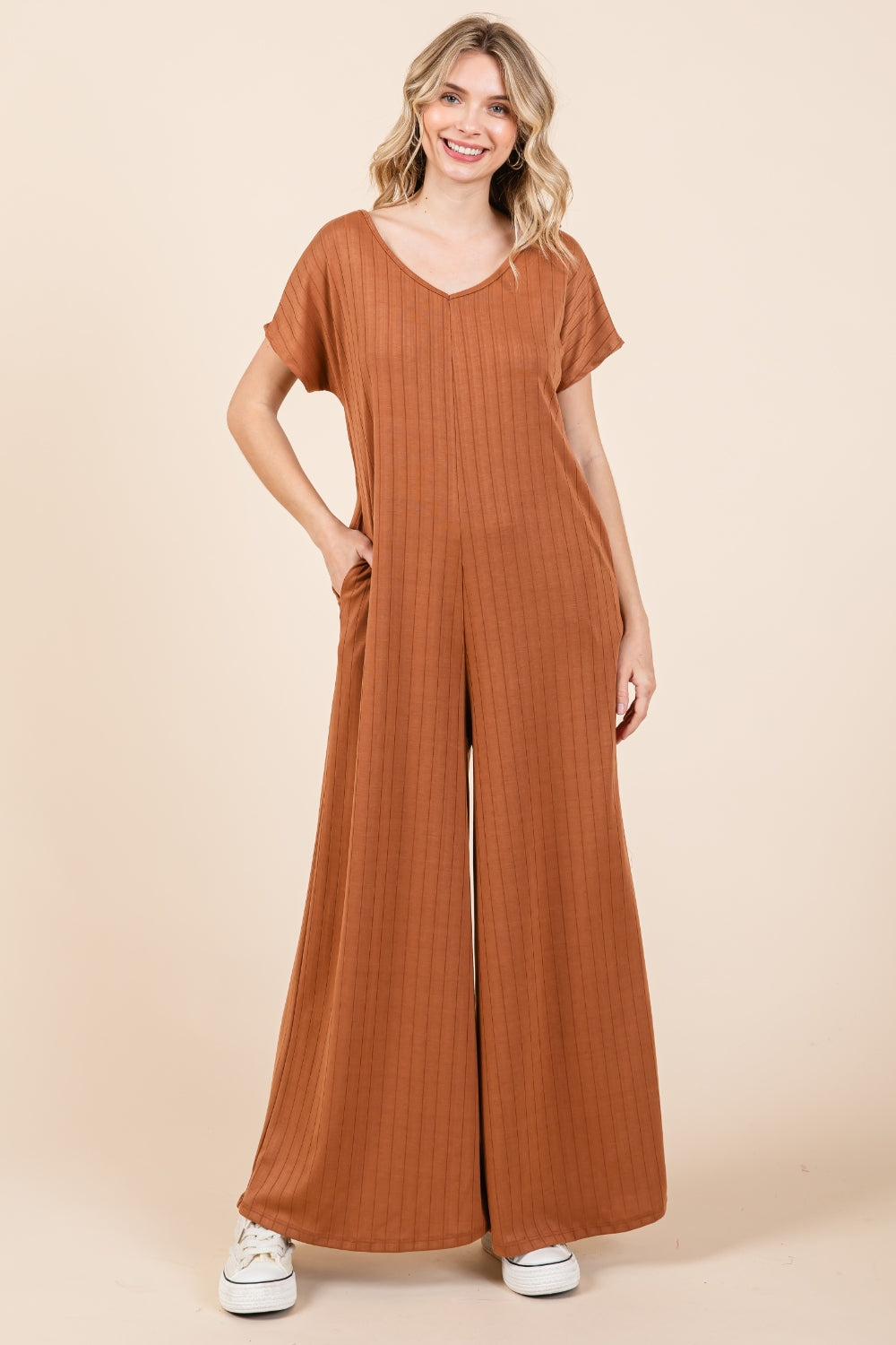 Ribbed Short Sleeve Wide Leg Jumpsuit