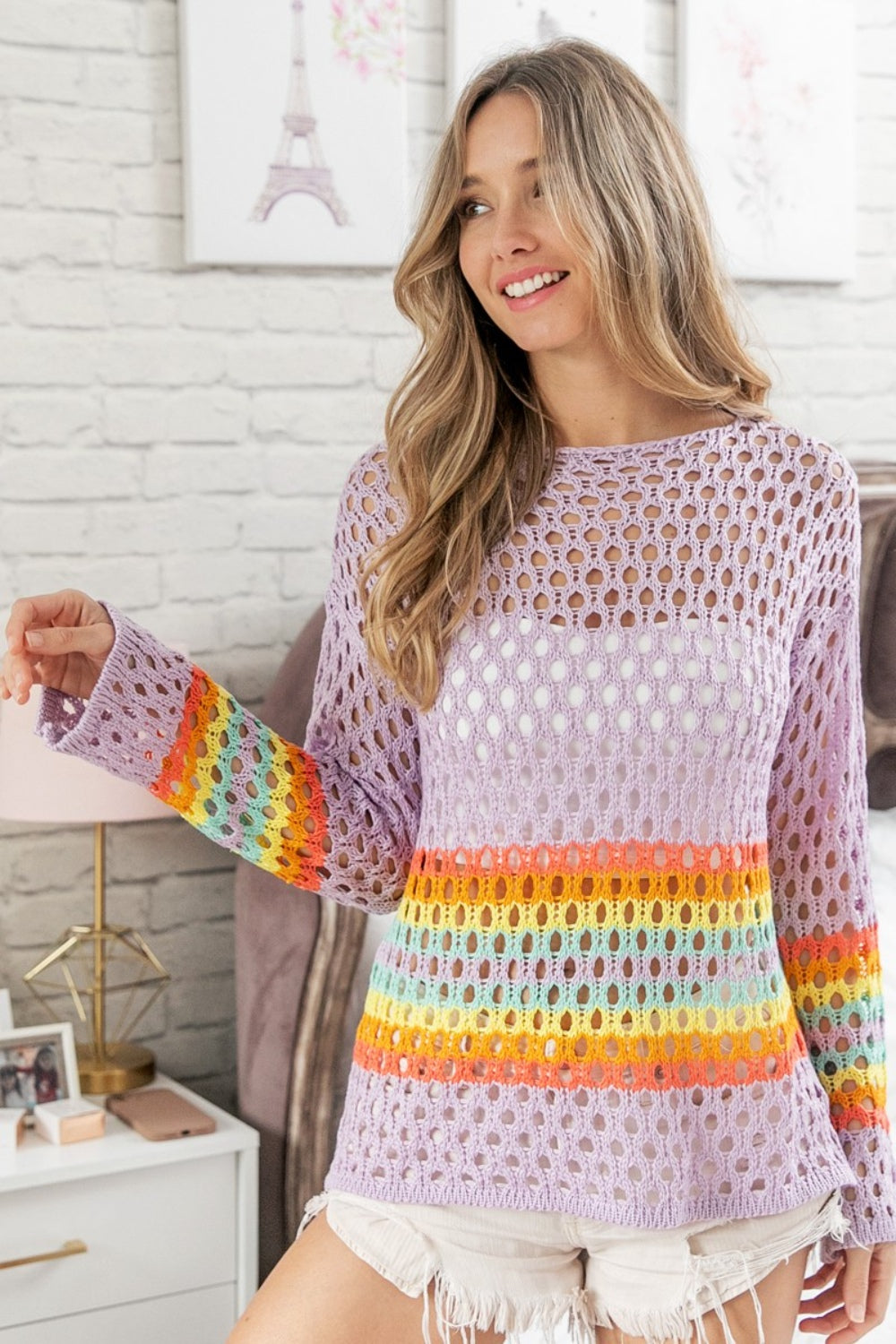 Rainbow Stripe Hollow Out Cover Up