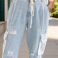 Crochet Pocketed Distressed Drawstring Jeans