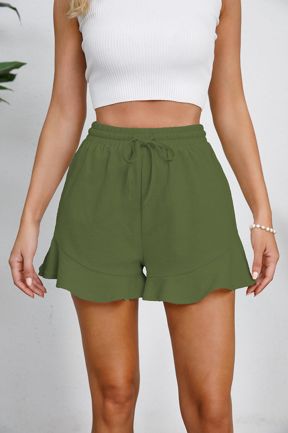 Drawstring Ruffle Hem Shorts