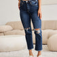 Crop Tummy Control Distressed High Waist Raw Hem Jeans