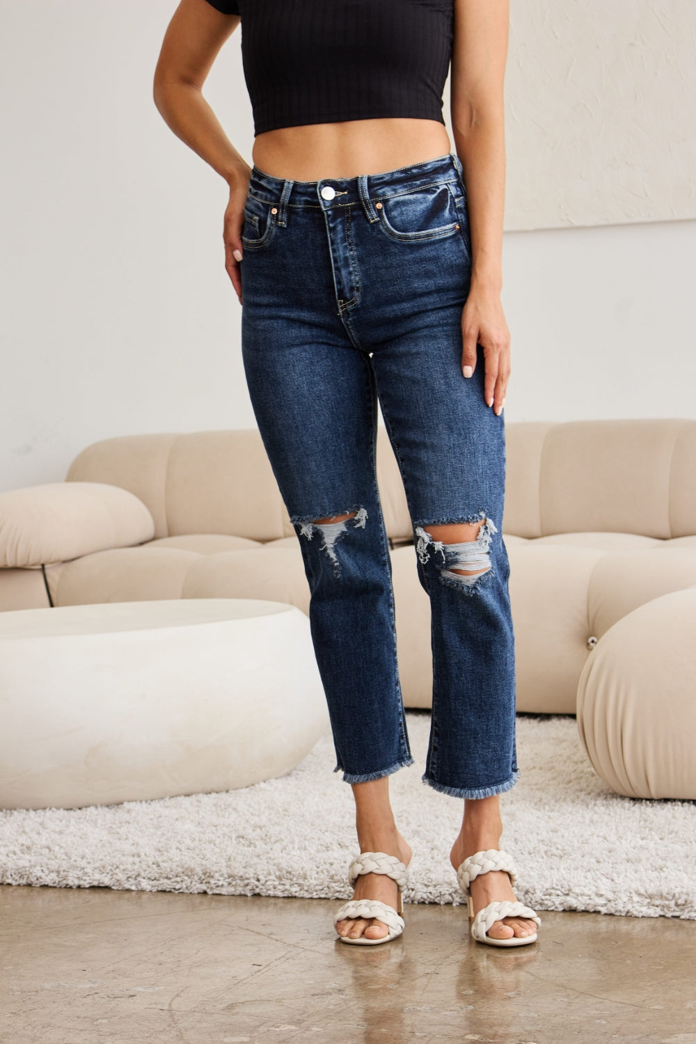 Crop Tummy Control Distressed High Waist Raw Hem Jeans