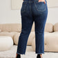 Crop Tummy Control Distressed High Waist Raw Hem Jeans