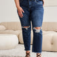 Crop Tummy Control Distressed High Waist Raw Hem Jeans