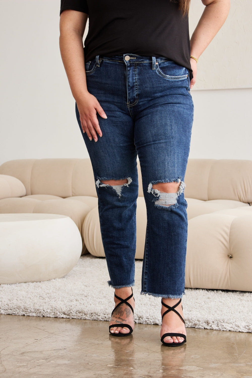 Crop Tummy Control Distressed High Waist Raw Hem Jeans