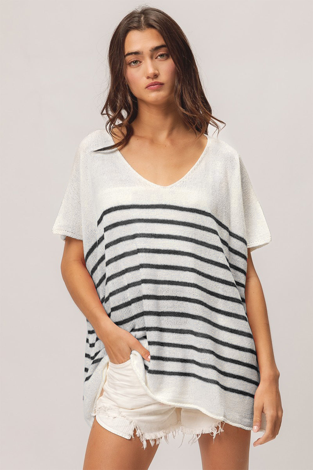 V Neck Striped Short Sleeve Top