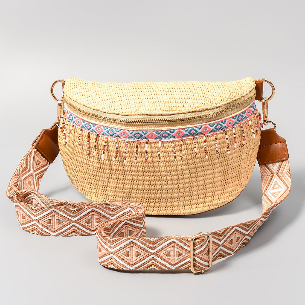 Bead Trim Straw Weave Crossbody Bag