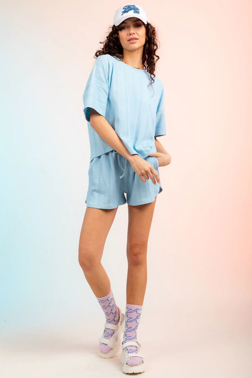 Textured Round Neck Top and Shorts Set