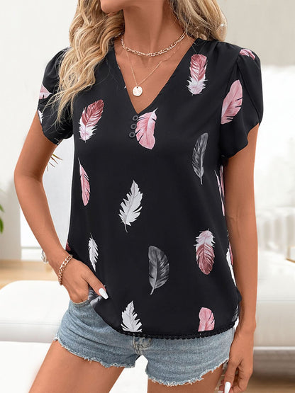 Printed V-Neck Short Sleeve Blouse