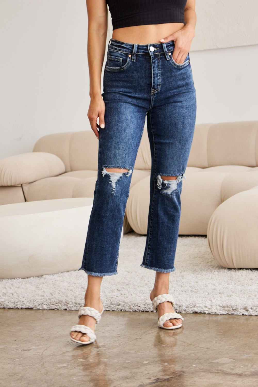 Crop Tummy Control Distressed High Waist Raw Hem Jeans