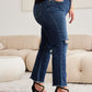 Crop Tummy Control Distressed High Waist Raw Hem Jeans