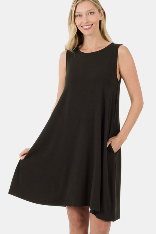 Sleeveless Flared Dress with Side Pockets