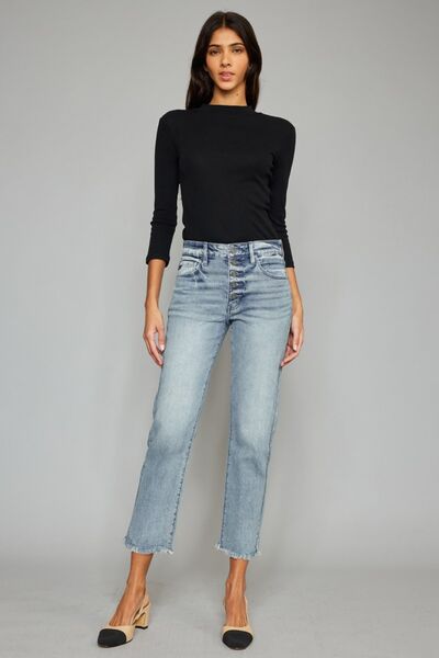 High Waist Button Fly Raw Hem Cropped Straight Jeans