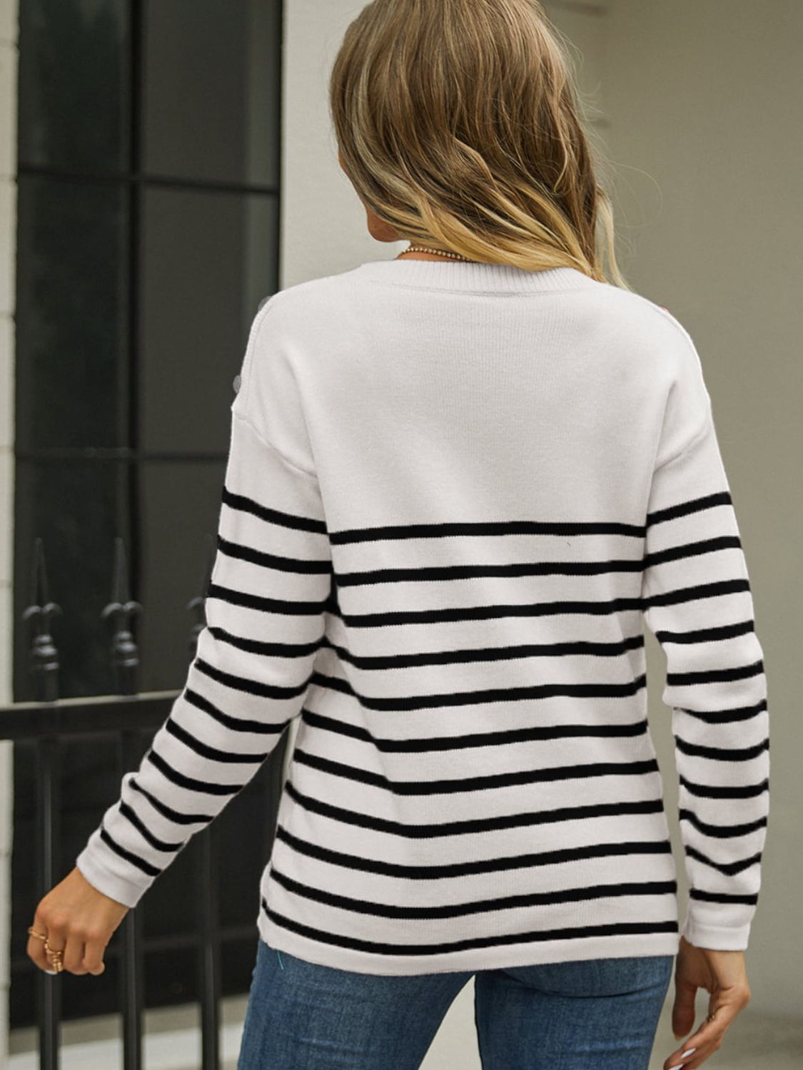 Button Striped Pullover Sweater