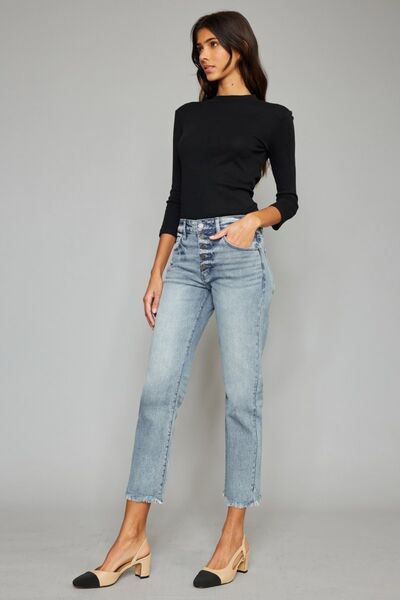 High Waist Button Fly Raw Hem Cropped Straight Jeans