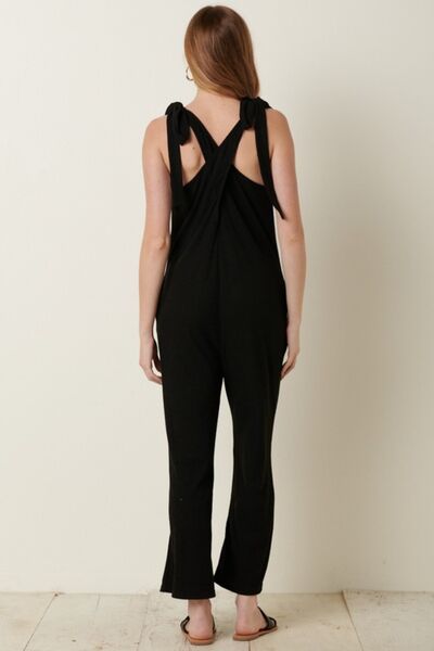 Rib Knit V-Neck Cross Back Jumpsuit