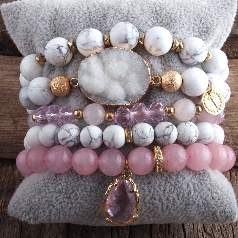 Boho Beaded Natural Stone Bangles Set