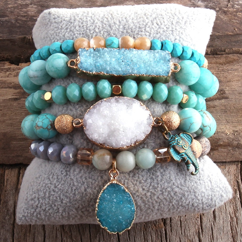 Boho Beaded Natural Stone Bangles Set