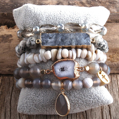 Boho Beaded Natural Stone Bangles Set