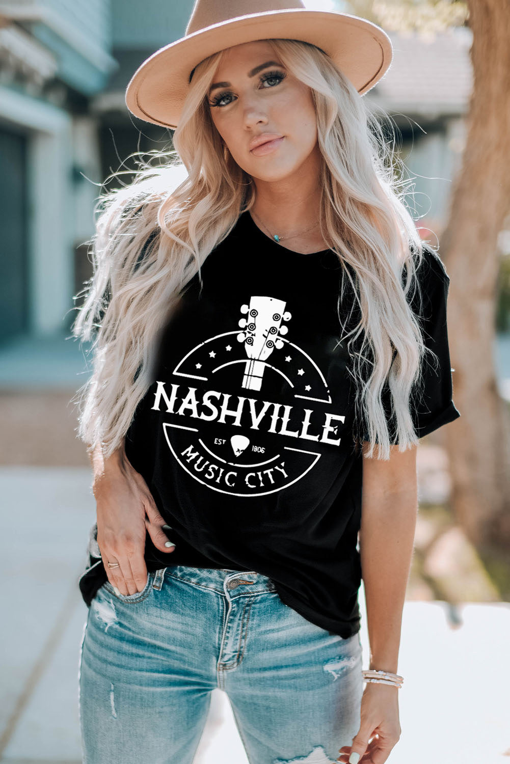 Western Nashville Music City Cuffed Graphic T