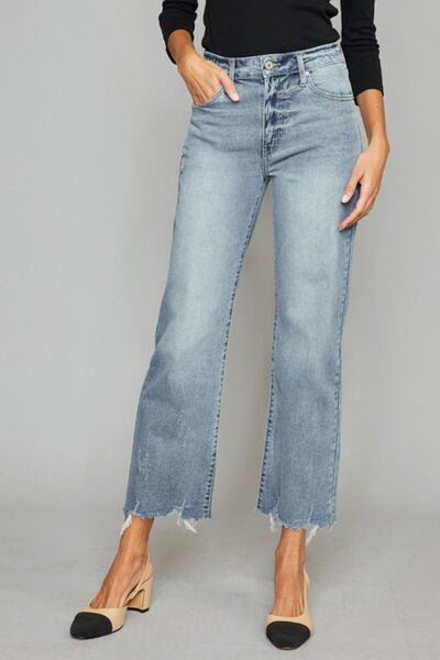 High Waist Raw Hem Cropped Wide Leg Jeans