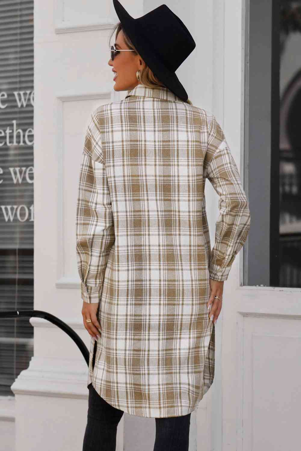 Double Take Plaid Button-Up Longline Shacket with Breast Pockets