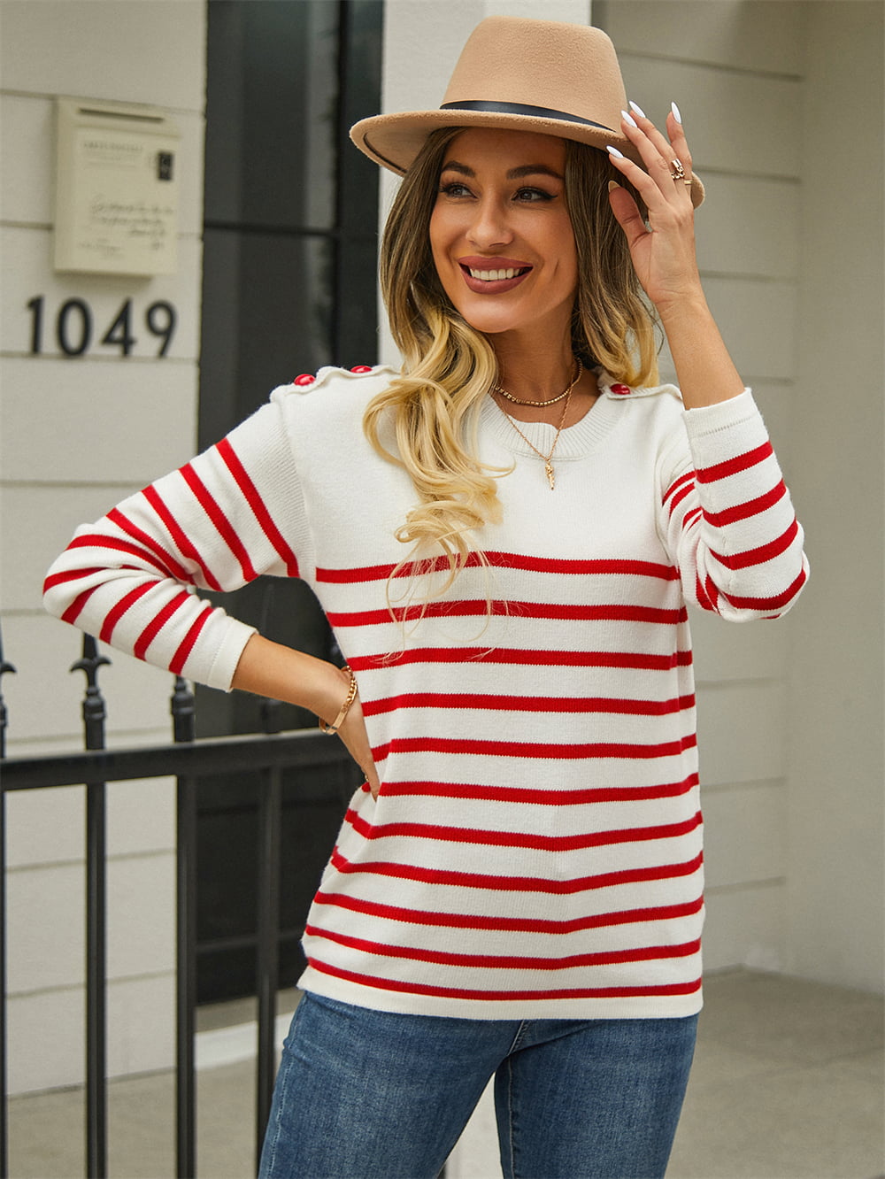 Button Striped Pullover Sweater